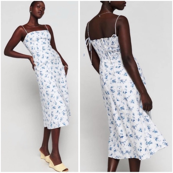 Reformation christen white blue Floral Print square neck tie straps Midi Dress - Picture 12 of 15